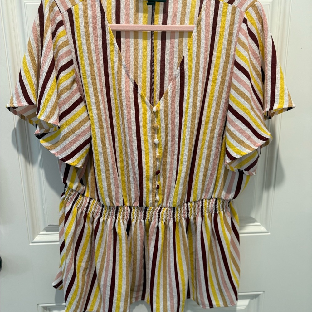 Lane Bryant Striped V-Neck Blouse - Yellow, Burgundy, Pink, White